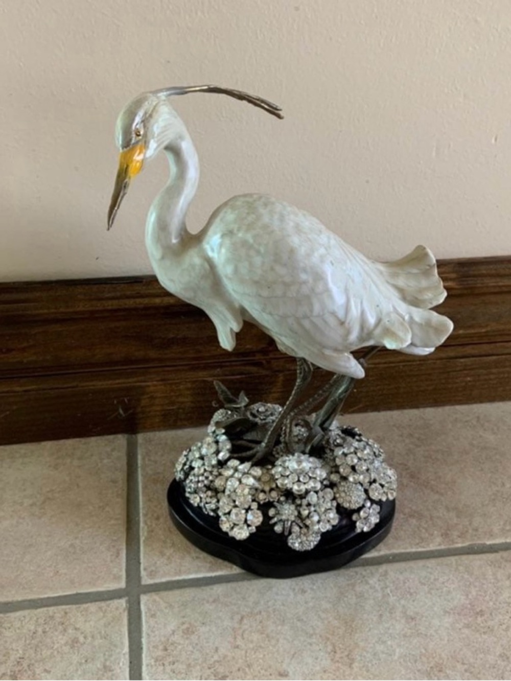 Danny’s Fine Porcelain Brass White Egret Stork Crane with Jeweled Rhinestone Bas